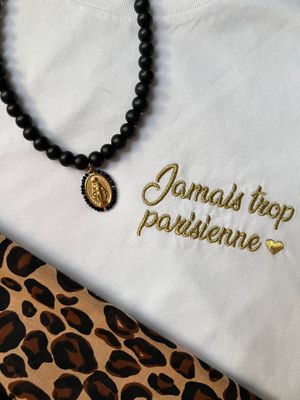 Collier perles noire médaille Madone