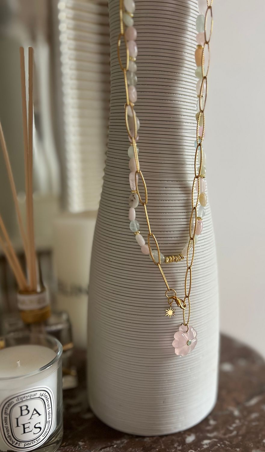 Collier Jeanne trèfle quartz rose