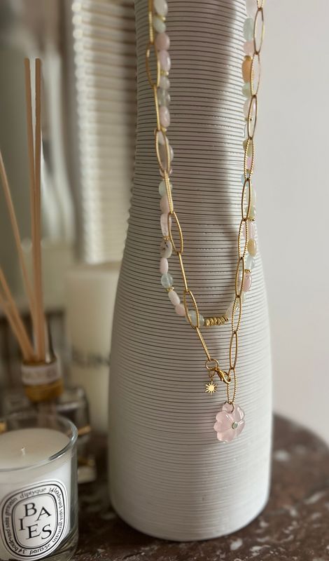 Collier Jeanne trèfle quartz rose