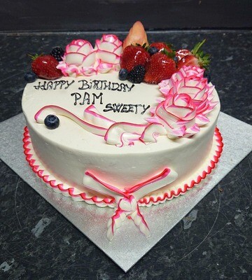 Fresh Cream Cake Pink and White Decoration With Fruits