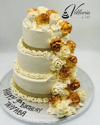 Classic Wedding Cake Fresh Cream Roses Gold Style