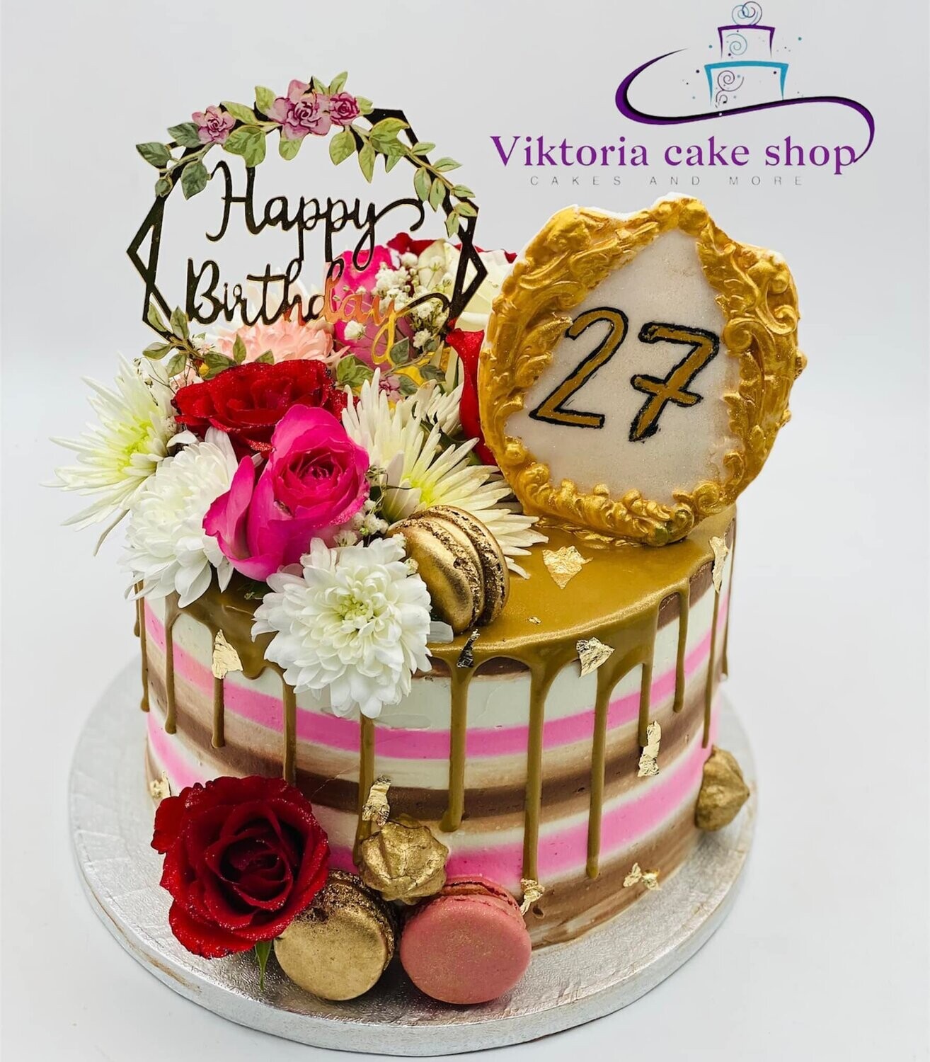 Elegant Gold and pink Floral Cake With Macrons Birthday cake Egg free sponge