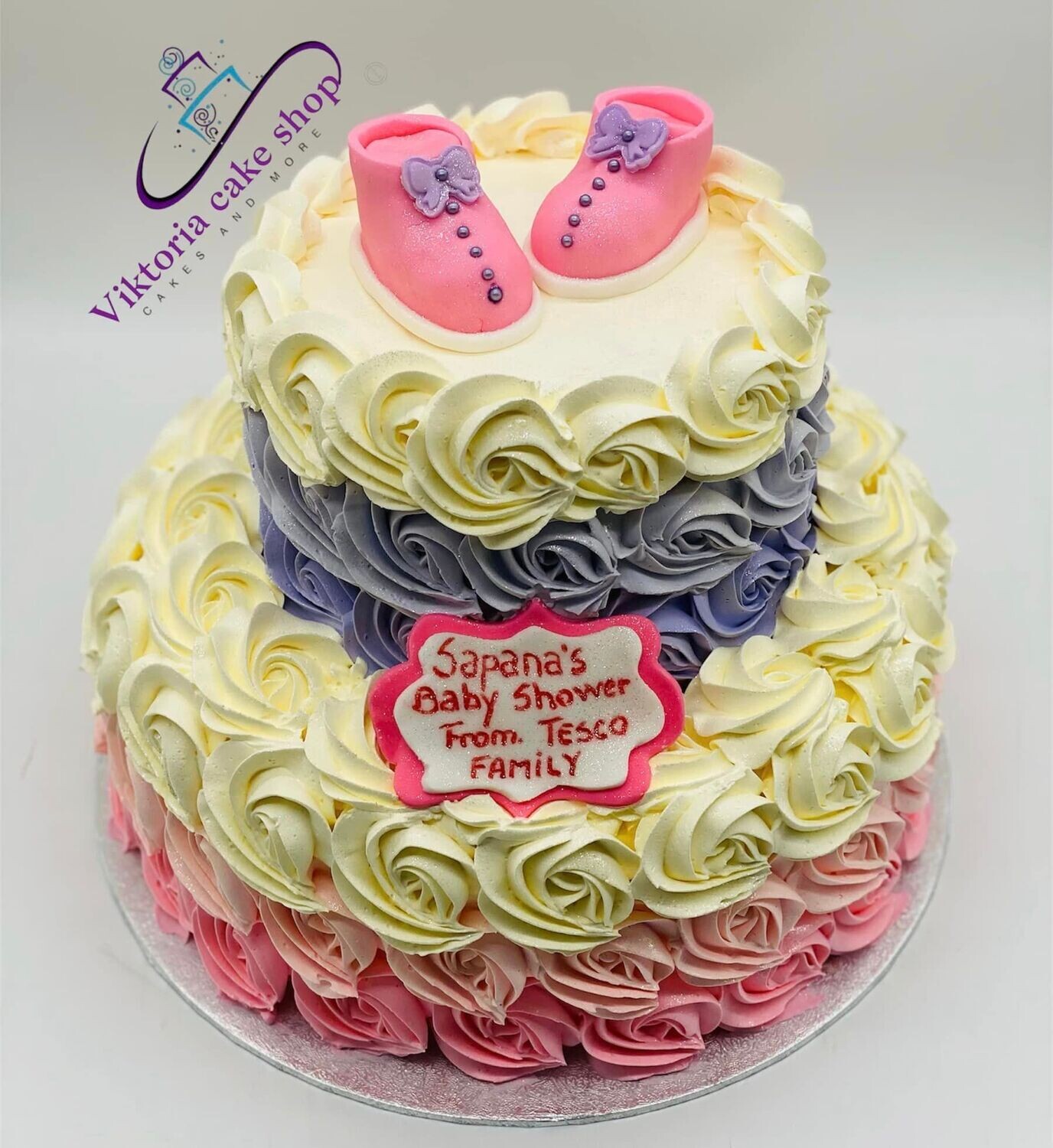 Baby Shower Ombre Cake blue,pink,red,yellow,orange,purple