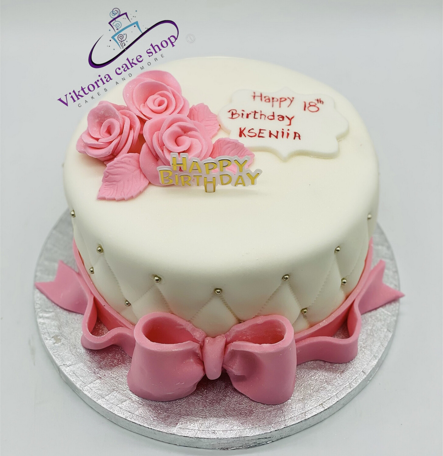 Elegant  Royal Icing Cake Pink and White with roses on top