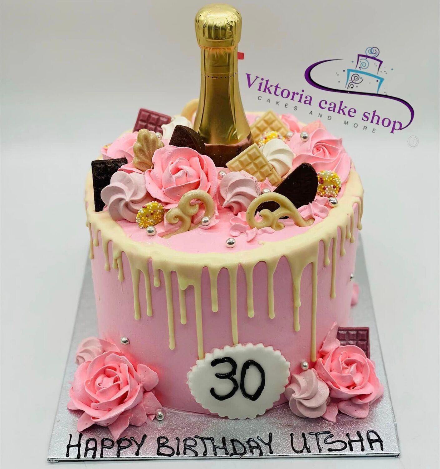 Champagne  30 Fancy  cake   Egg free sponge pink base