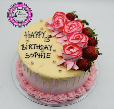 Cake With Pink Base White Melted Chocolate and Flower