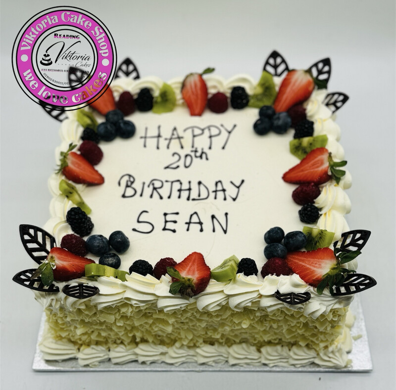 Square  Fresh Cream Cake  White  Chocolate Curls and Fresh  Fruits