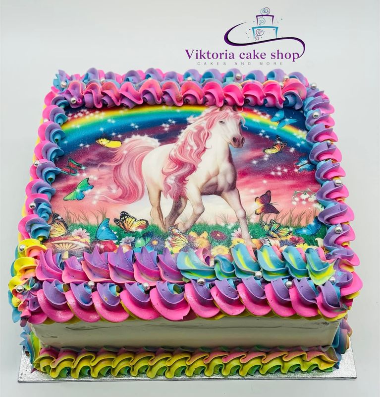 Rainbow Unicorn Fantasy Cake   square fresh cream