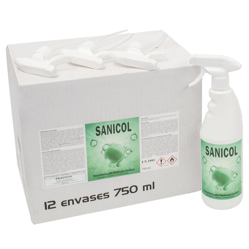 Desinfectante Hidroalcoholico SANICOL CAJA 12 x 750 cc. + 4 cabezales.