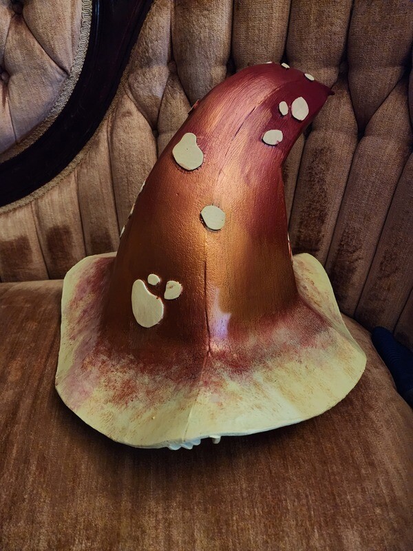 Metallic copper and red mushroom hat