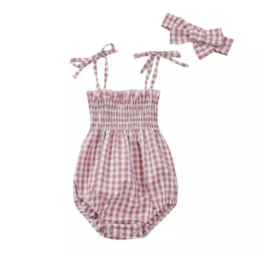 Tiny Rose Smocked Gingham Bubble Romper and Headband Set