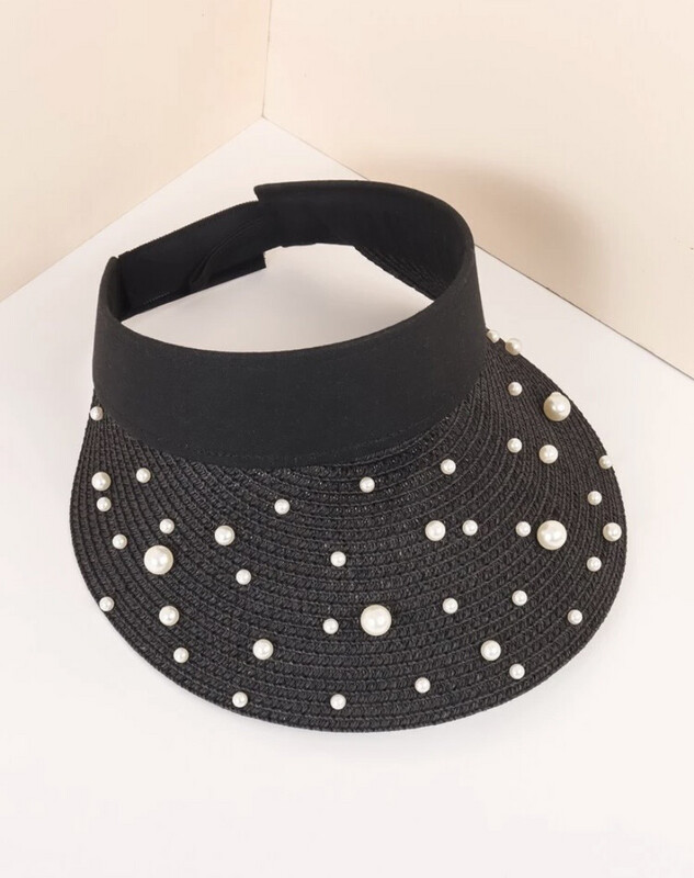 Faux Pearl Decor Contrast Straw Hat