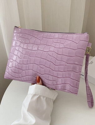 Purple Allover Croc Embossed Clutch Bag