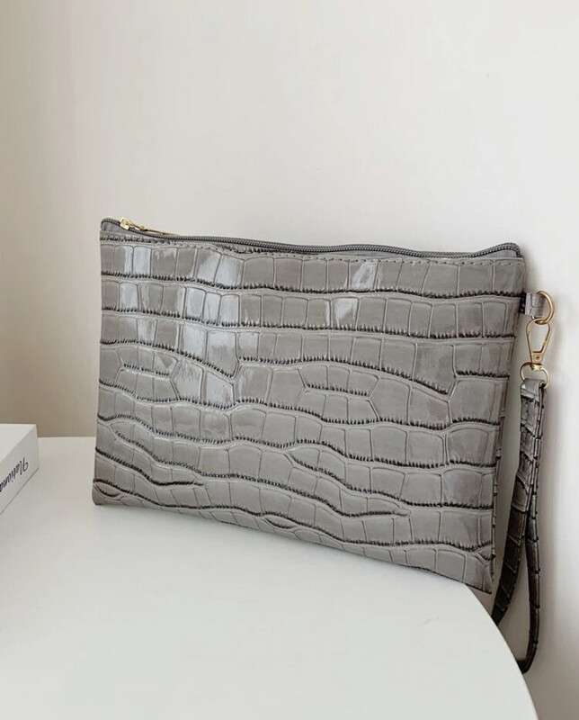 Gray Croc Embossed Clutch Bag