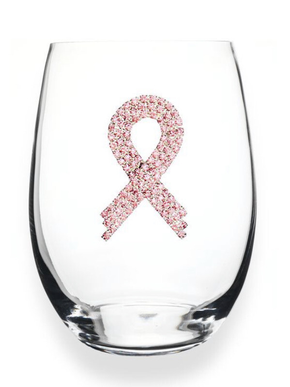 Pink Ribbon Jeweled Stemless Wine Glass