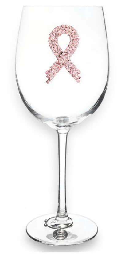Pink Ribbon Jeweled Stemmed Wine Glass