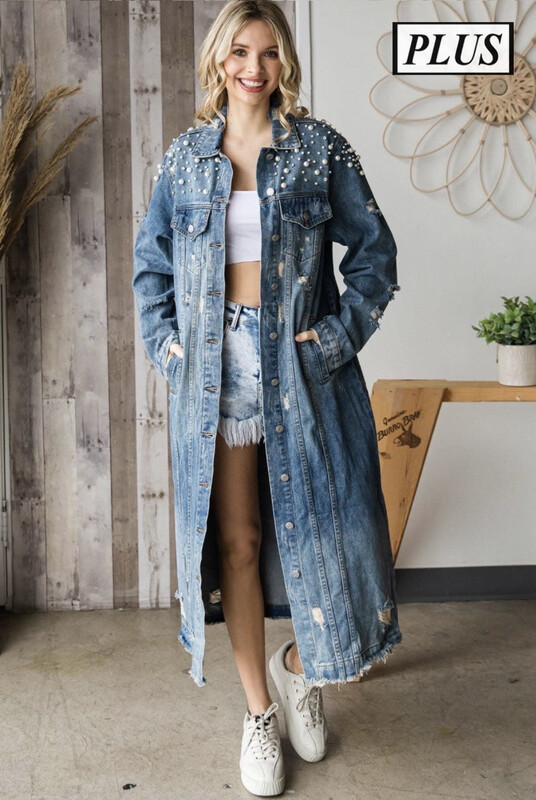 Plus Pearl And Rhinestone Long Denim Jacket