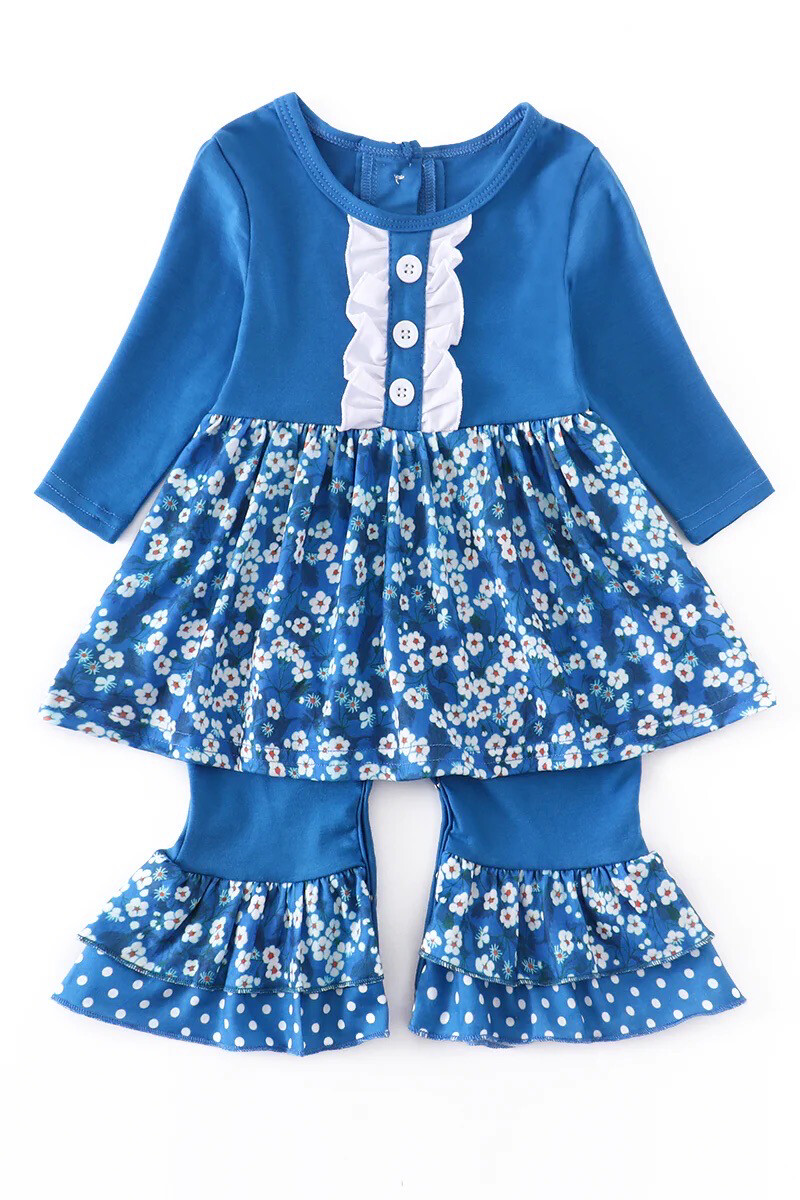 Blue Floral Ruffle Baby Romper