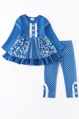 Blue Floral Ruffle Pants Set