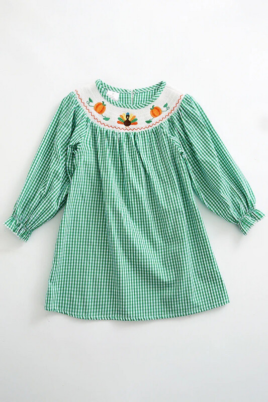 Green Plaid Turkey & pumpkin Smock Dress