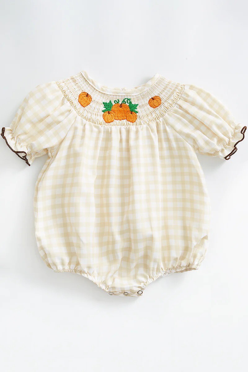 Thanksgiving Plaid Pumpkin Smock Romper