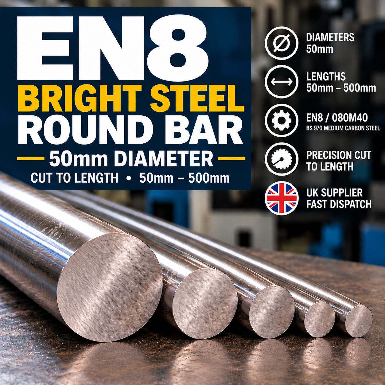 50mm EN8 Bright Round Steel Bar