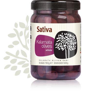 Ganze Kalamata-Oliven mit Kern in Salzlake - "Sativa-Olivenkultur"
Abtropfgewicht: 500 g Nettogewicht: 780 g