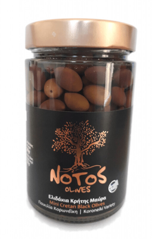 "The Original" Small, Cretan, Dark Olives (Koroneiki) in Extra Virgin Olive Oil - 380g - NOTOS
