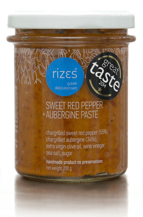 "Paté Melitzanopiperias", Auf Holzkohle gegrillte süße rote Paprika und Auberginen Sauce/Paste - 200g - "rizes"