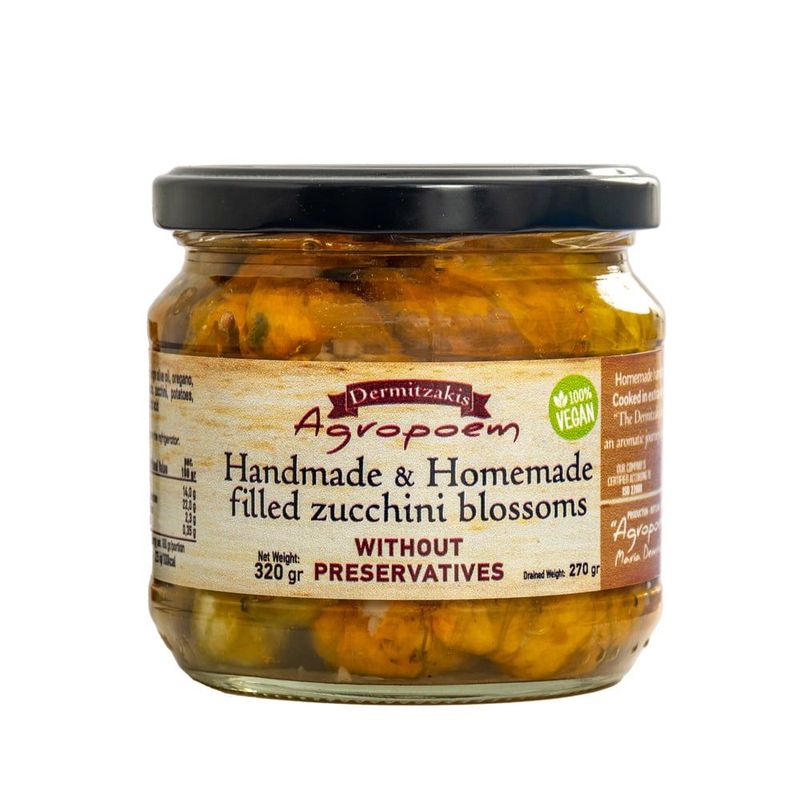 Handmade zucchini flowers - rice rolls with extra virgin olive oil from Crete. "Spitiki Anthoi Gemisti" "Agropoem" - 320 g