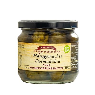 Kretische "Ntolmadakia - Dolmades", Handgemachte Weinblätter - Reisröllchen mit nativem Olivenöl - "Agropoem" - 320 g