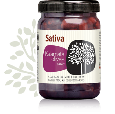 Entkernte Kalamata-Oliven in Salzlake - "Sativa-Olivenkultur" Abtropfgewicht: 400 g | Nettogewicht: 740 g
