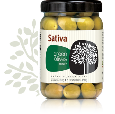 Ganze grüne Halkidiki Oliven in Salzlake - Ganze grüne Halkidiki Oliven in Salzlake - "Sativa Olivenkultur" Abtropfgewicht: 450 g | Nettogewicht: 780 g