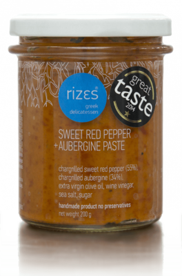 "Paté Melitzanopiperias", Auf Holzkohle gegrillte süße rote Paprika und Auberginen Sauce/Paste - 200g - "rizes"