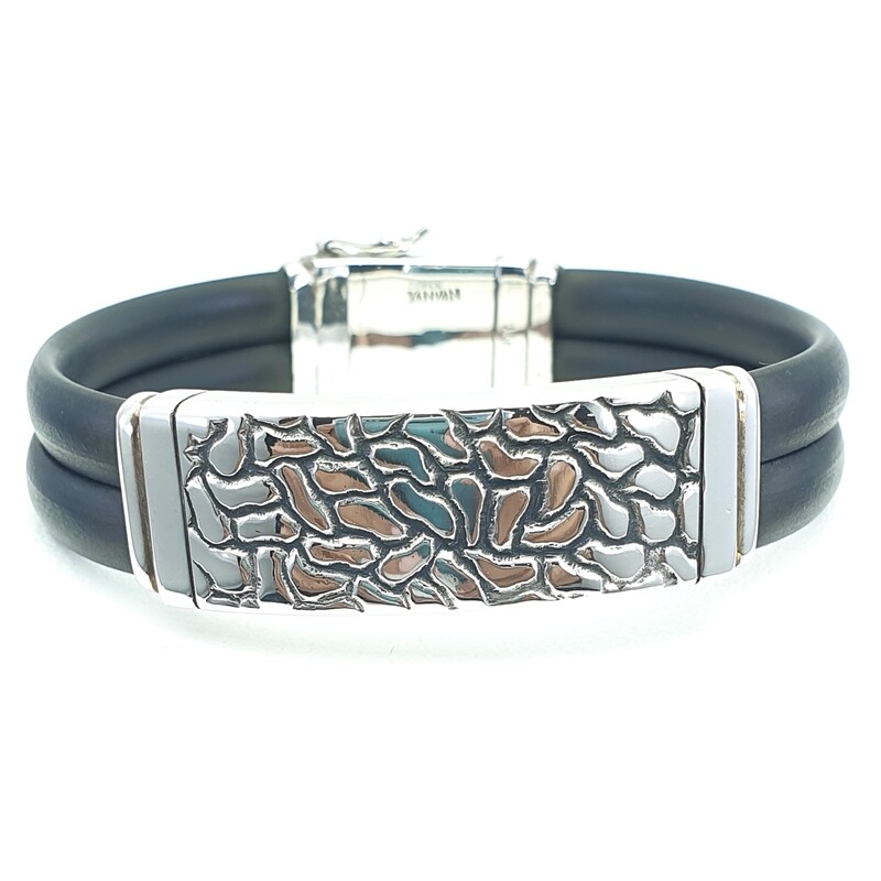 Wide Silver and Neoprene Bracelet