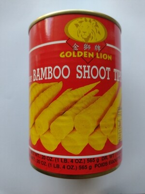 Baby Bamboo Shoot Tip in water GOLDEN LION (ยอดหน่อไม้อ่อน ในกระป๋อง ตราโกลเด้น ไลออน) 565g.