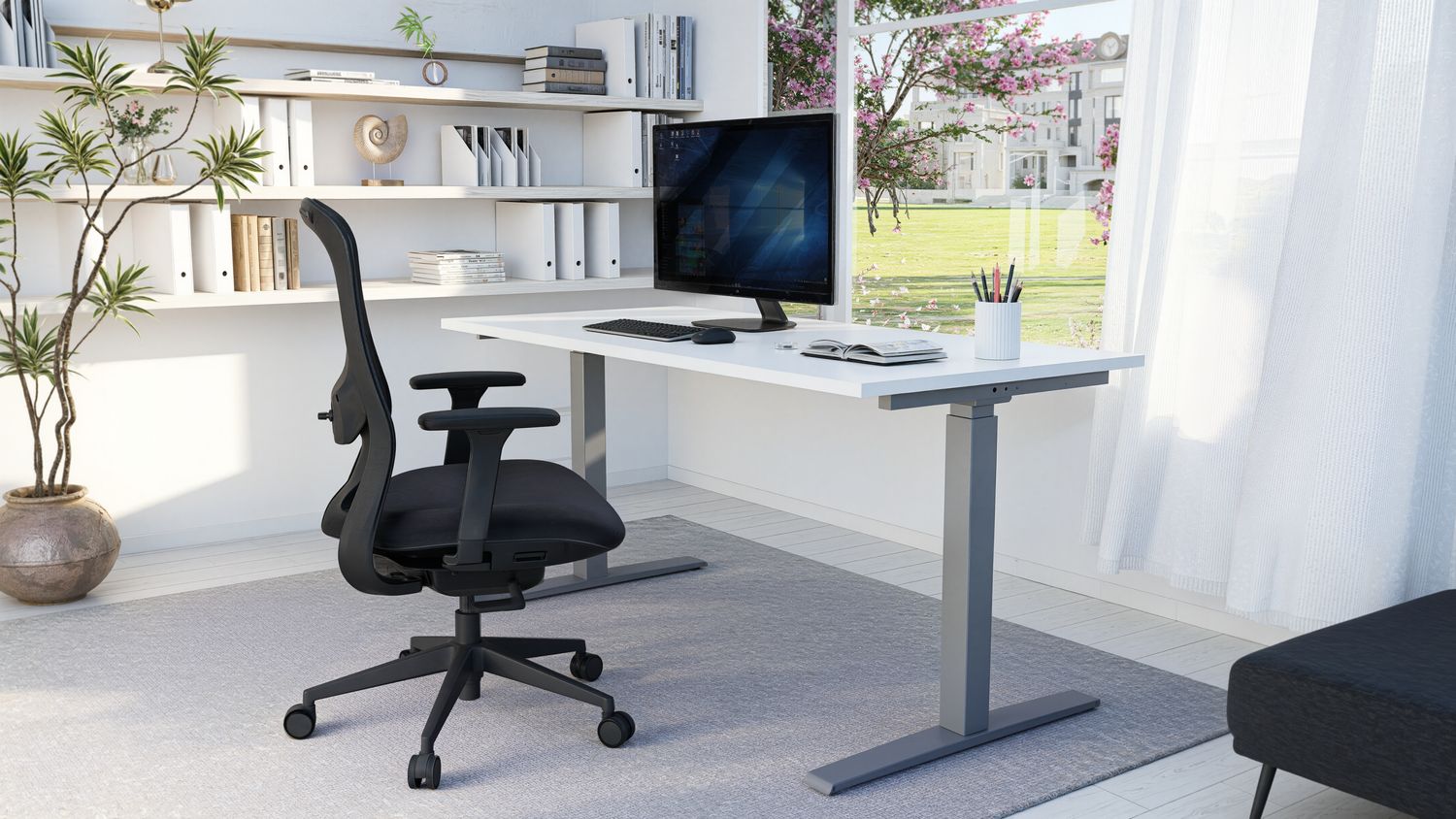 Birou sit-stand KPEX 139 + Scaun ergonomic Bon 6252B