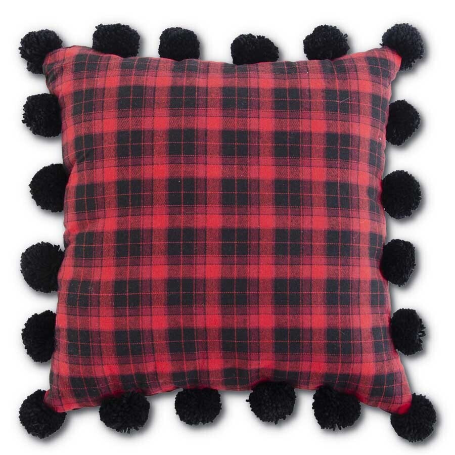 KKI Red & Black Plaid Pillow W Pom Pom