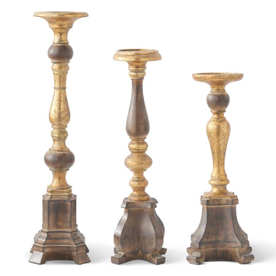 KKI Resin Antique Gold and Wood Tone Candleholders
