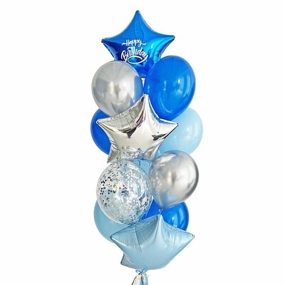 Связка воздушных шаров с синей звездой и надписью "Happy Birthday"