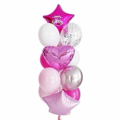 Связка воздушных шаров со звездой цвета фуксия и надписью "Happy Birthday"