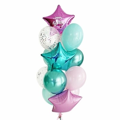 Связка воздушных шаров со звездой розовый металлик и надписью "Happy Birthday"