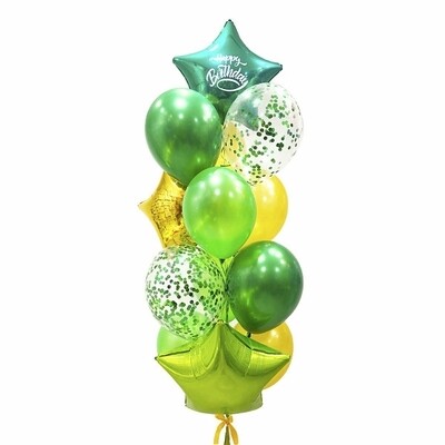 Связка воздушных шаров с зеленой звездой и надписью "Happy Birthday"