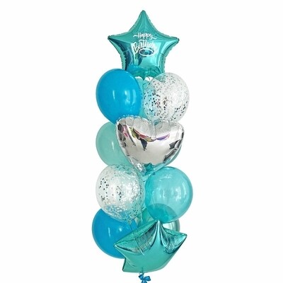 Связка воздушных шаров с изумрудными звездами и надписью "Happy Birthday"