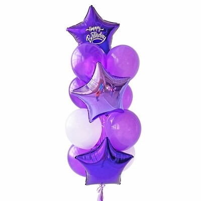 Связка шаров 2 фиолетовые звезды с надписью