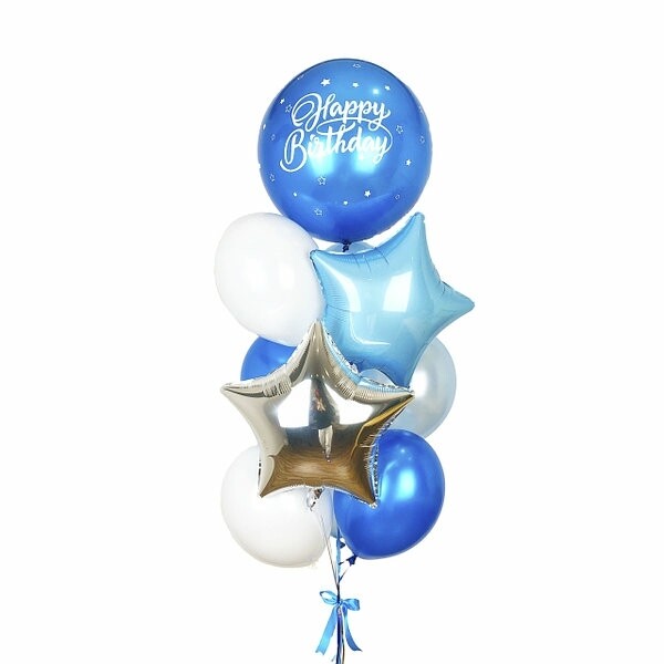 Бабл синий металлик с белой надписью "Happy Birthday"