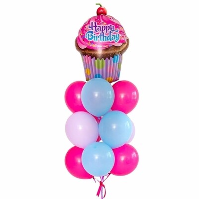 Связка шариков с кексом "Happy Birthday" в розово-голубых оттенках