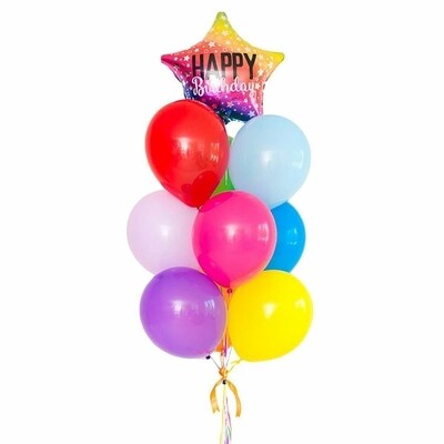 Разноцветная связка воздушных шаров с радужной звездой "Happy Birthday"