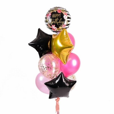 Связка воздушных шаров с кругом цветочки "Happy Birthday"