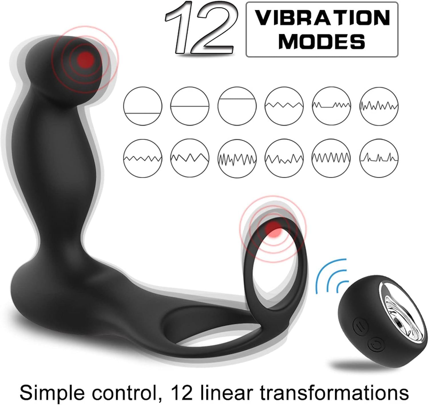 Vibrador y masajeador de próstata con doble anillo + control